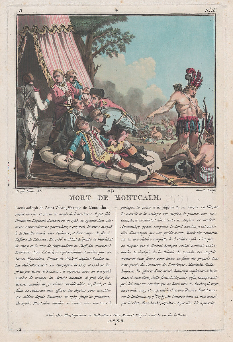 Mort de Montcalm [The Death of Montcalm at Quebec, September 14, 1759], Jean-Baptiste Morret (French, active 1790–1820), Aquatint, hand colored 