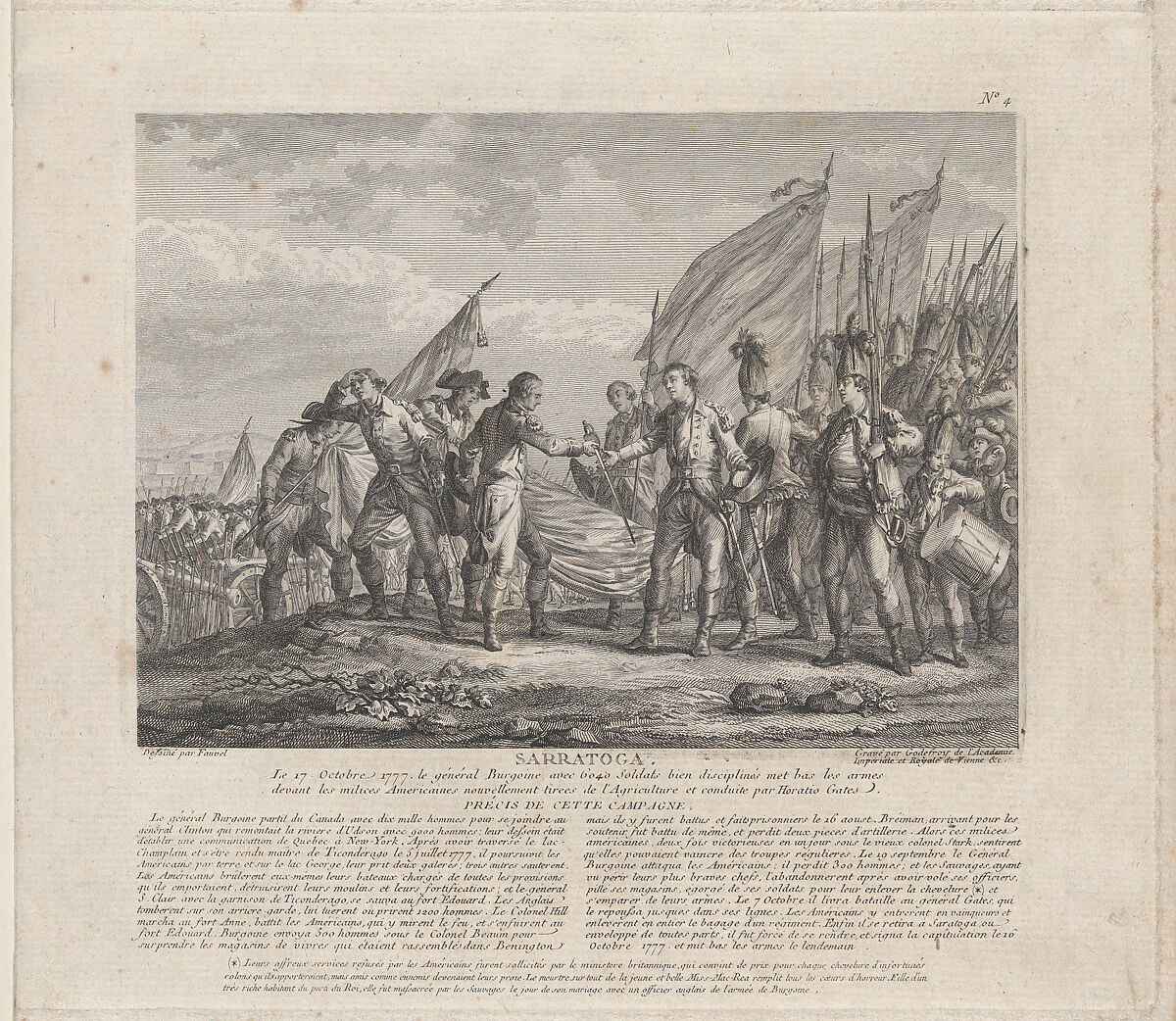 Sarratoga [sic] (The Surrender of General Burgoyne to General Horatio Gates, Battle of Saratoga, October 17, 1777), François Godefroy (French, 1743?–1819), Engraving 