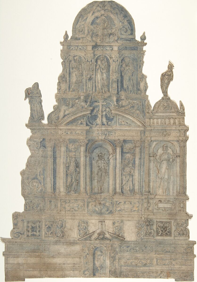Project for a Monumental Tomb, Anonymous, Italian, 16th century, Pen and brown ink, brush and blue wash or watercolor 
