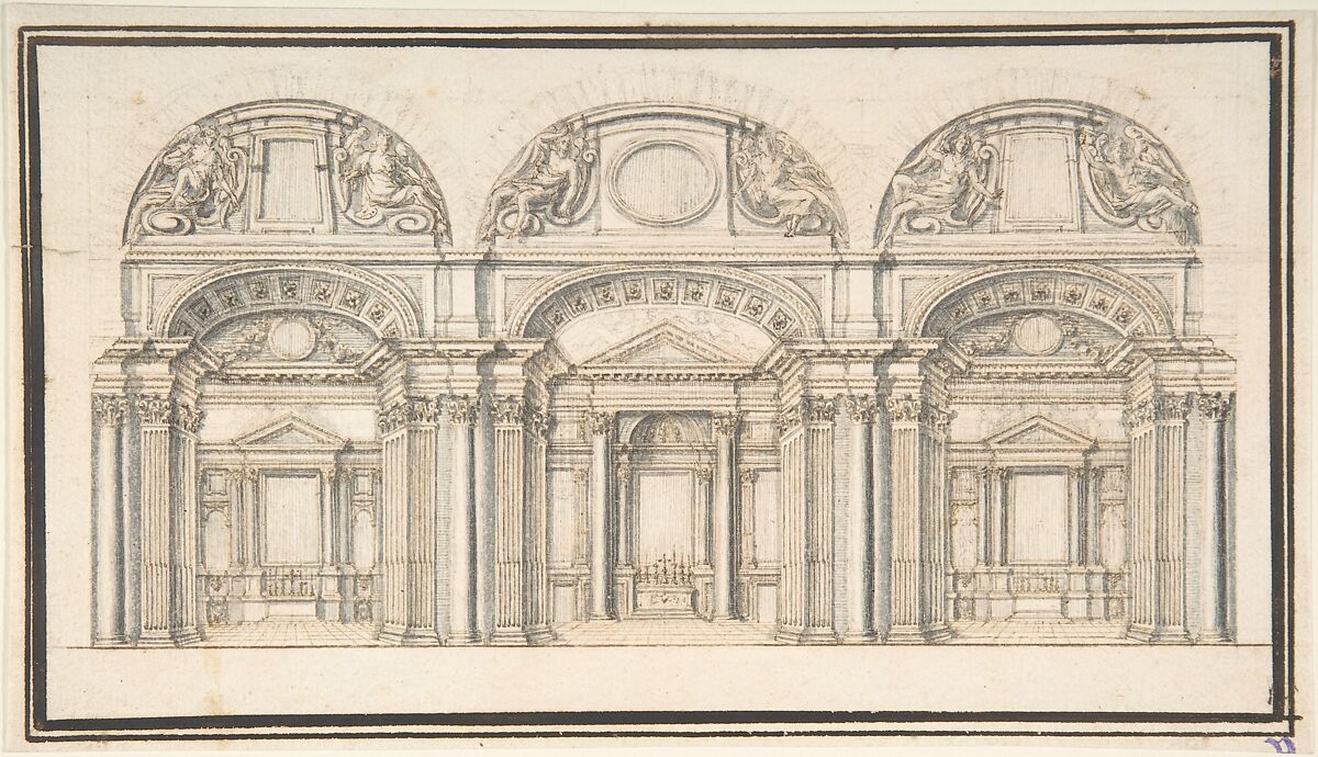 Wall Elevation with Three Chapels; Floor Plan with Columns (verso), Anonymous, Italian, late 16th century, Pen and brown ink, brush and gray wash, over black chalk underdrawing (recto); pen and brown ink, over ruled black chalk lines (verso) 
