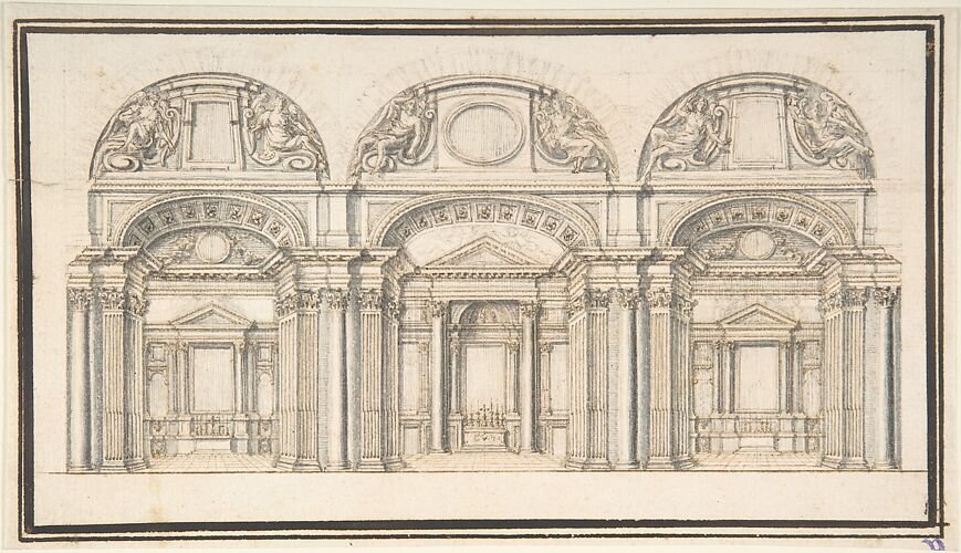 Wall Elevation with Three Chapels (recto); Floor Plan with Columns (verso)