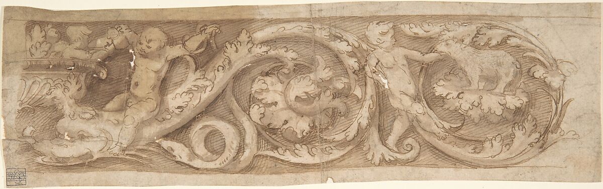 Frieze with Rinceaux and Putti, Anonymous, Italian, 16th century, Pen and brown ink, brush and brown wash, over traces of black chalk 