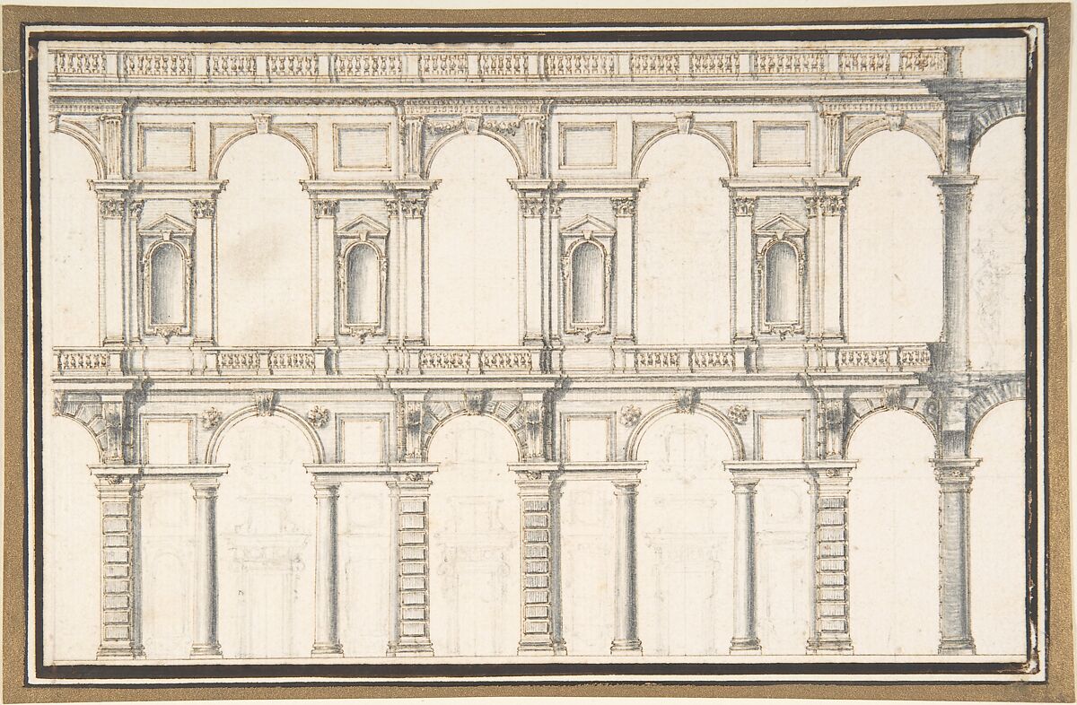 Design for a Facade (unfinished), Anonymous, Italian, late 16th century, Pen and brown ink, brush and gray wash, over black chalk 