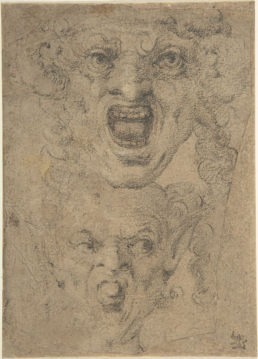 Two Studies for a Grotesque Head, Anonymous, Italian, 16th to 17th century, Black chalk, over graphite or black chalk 