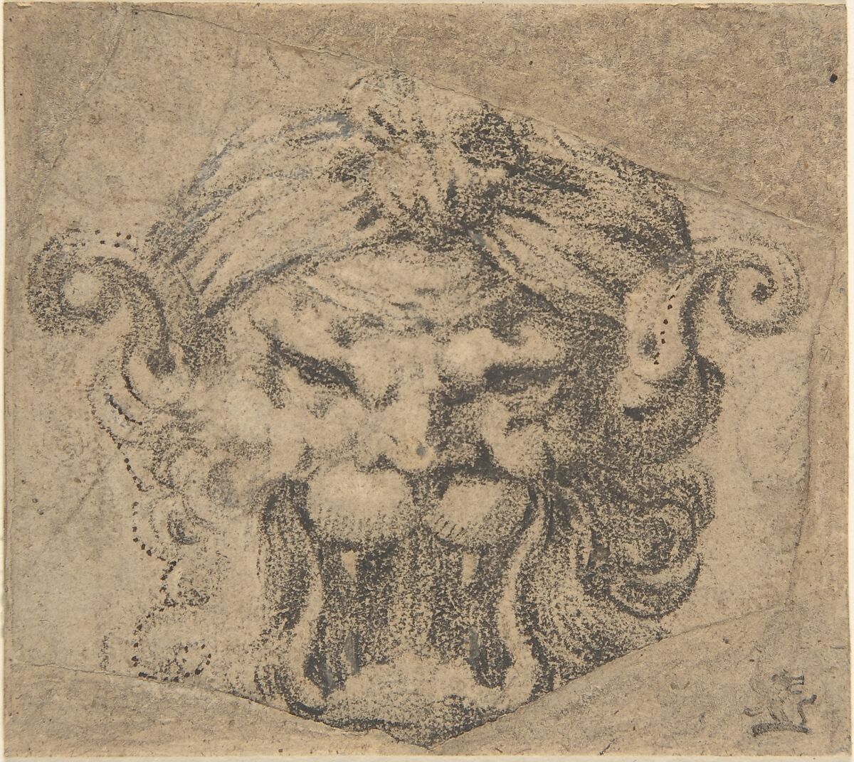 Design for a Leonine Grotesque Head, Anonymous, Italian, 16th to 17th century, Black chalk, over dotted traces of graphite or black chalk 