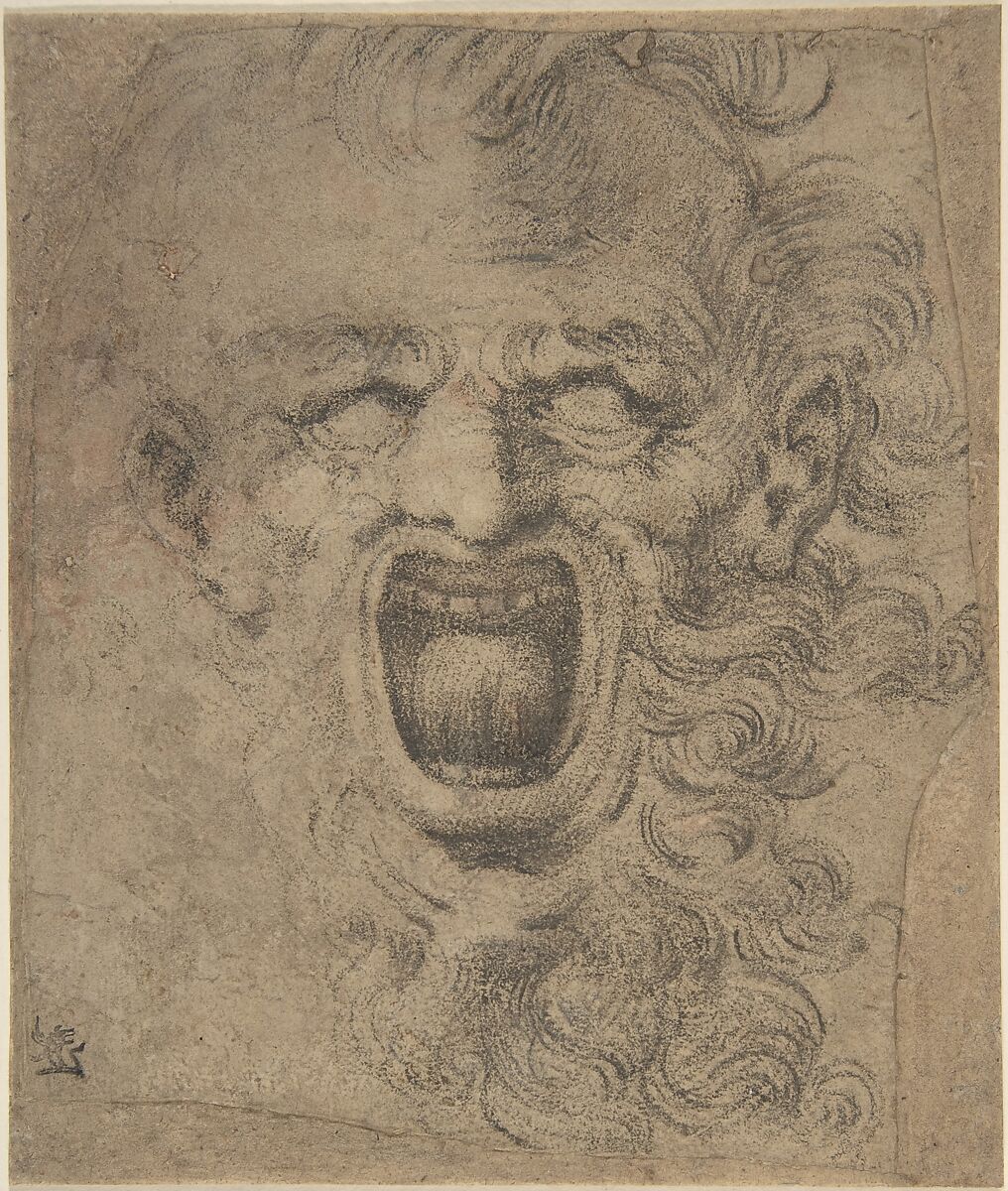 Grotesque Head with Curly Beard, Anonymous, Italian, 16th to 17th century, Black chalk, over graphite or black chalk 