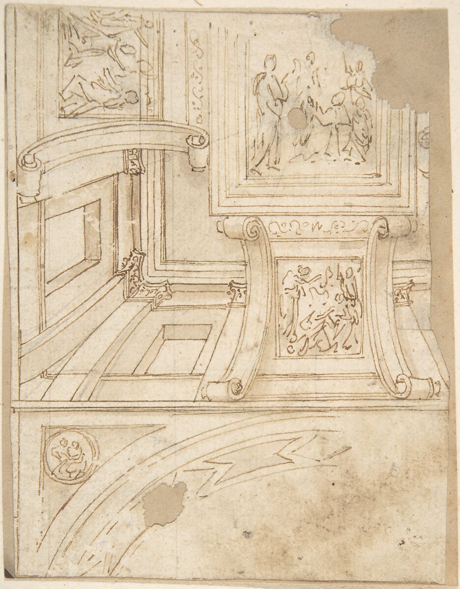 Design for a Ceiling, Anonymous, Italian, 16th century, Pen and brown ink, brush and brown wash, over ruled perspective orthogonals 