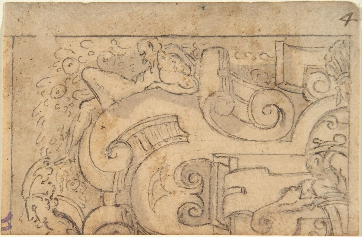 Fragment of Strapwork Design (tracing?), Anonymous, Italian, 16th century, Pen and brown ink, brush and gray-brown ink, over black chalk underdrawing 