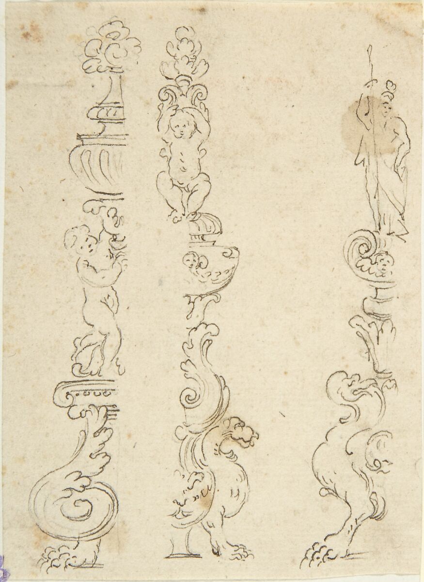 Right and Left Halves of Three Candelabras, Anonymous, Italian, 16th century, Pen and brown ink, over black chalk underdrawing 