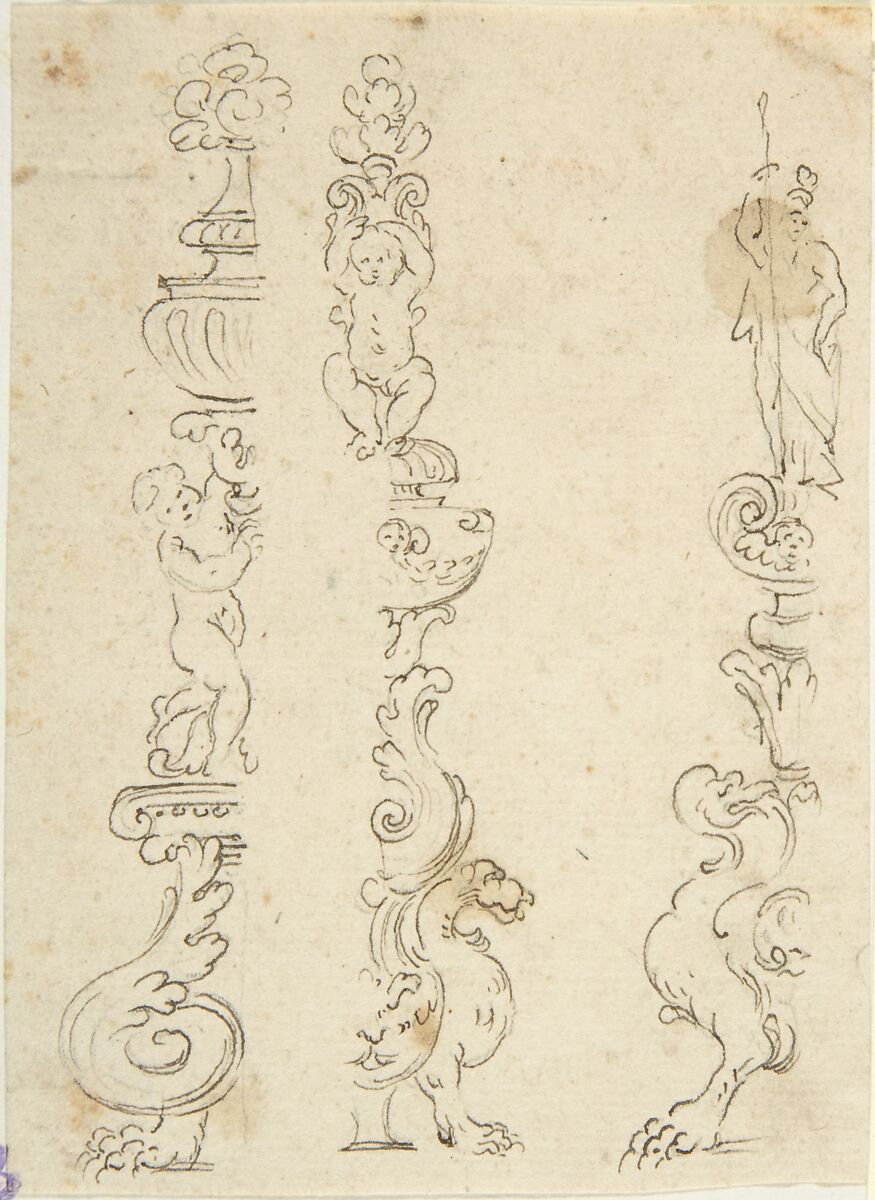 Right and Left Halves of Three Candelabras, Anonymous, Italian, 16th century, Pen and brown ink, over black chalk underdrawing 
