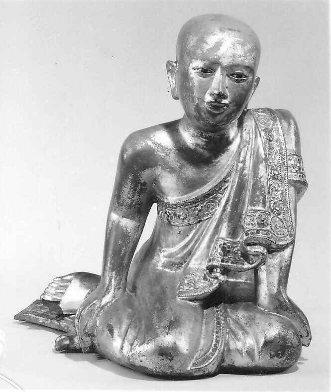 Seated Ananda, Wood, lacquer, gilt, and glass, Burma 