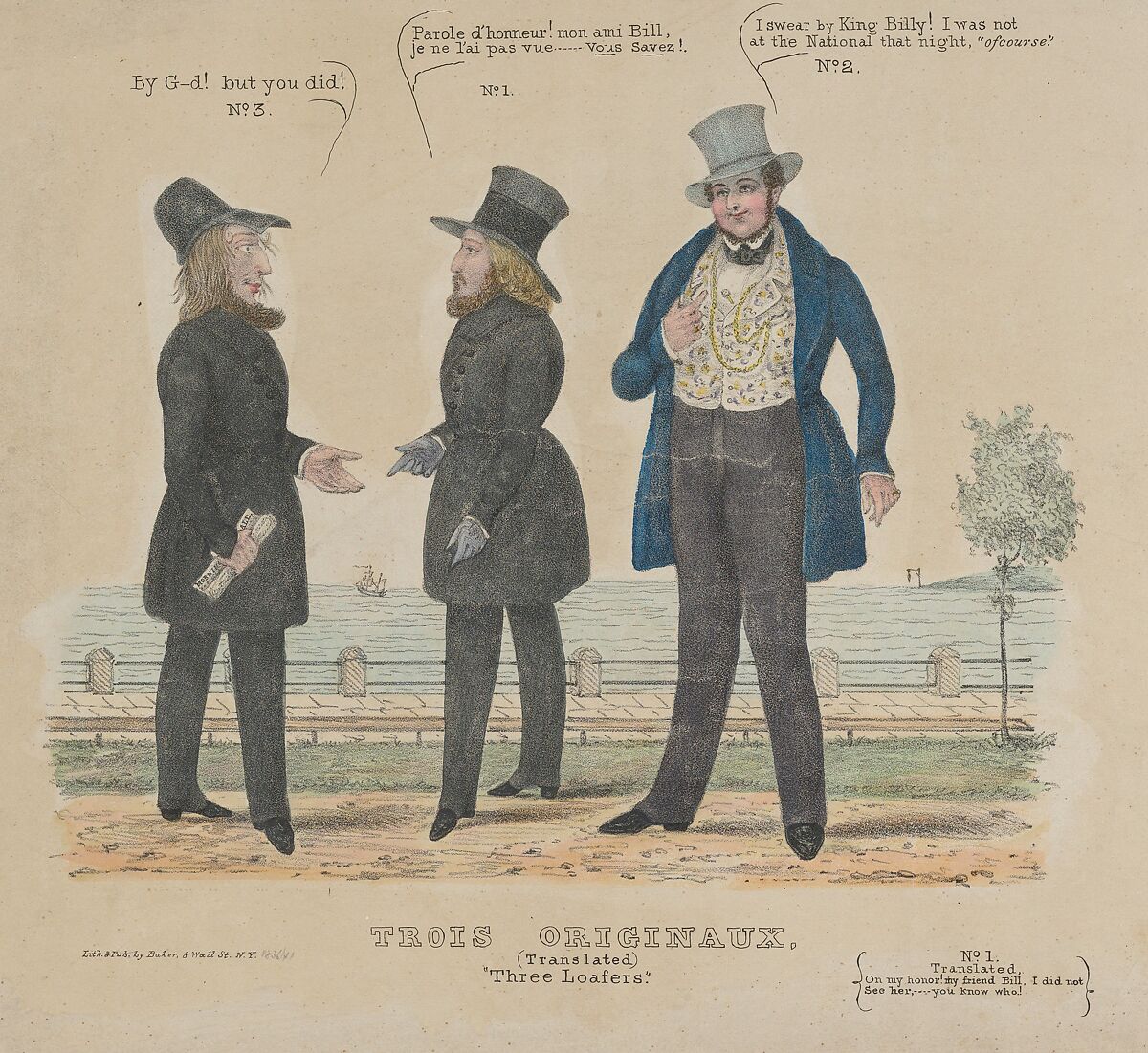 Three Loafers (Trois Originaux), Alfred E. Baker (American, active 1833–42), Lithograph, hand colored 