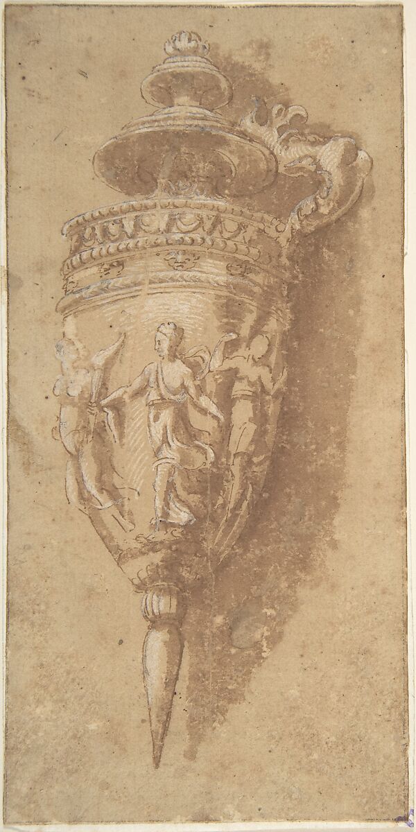 Design for a Decorative Vessel, Anonymous, Italian, 16th century, Pen and light brown ink, brush and light brown wash, highlighted with white gouache 