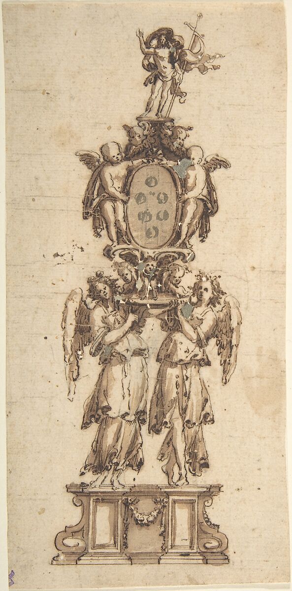 Design for a (Temporary?) Structure consisting of Two Angels carring the Medici Coat of Arms crowned by the Figure of Christ, Anonymous, Italian, 16th to early 17th century, Pen and brown ink, brush and brown wash; point of brush and bodycolor (in coat of arms) 