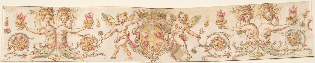 Frieze with Medici Coat of Arms and Putti (Embroidery Design?), Anonymous, Italian, 16th century, Pen and brown ink, watercolor, on vellum 