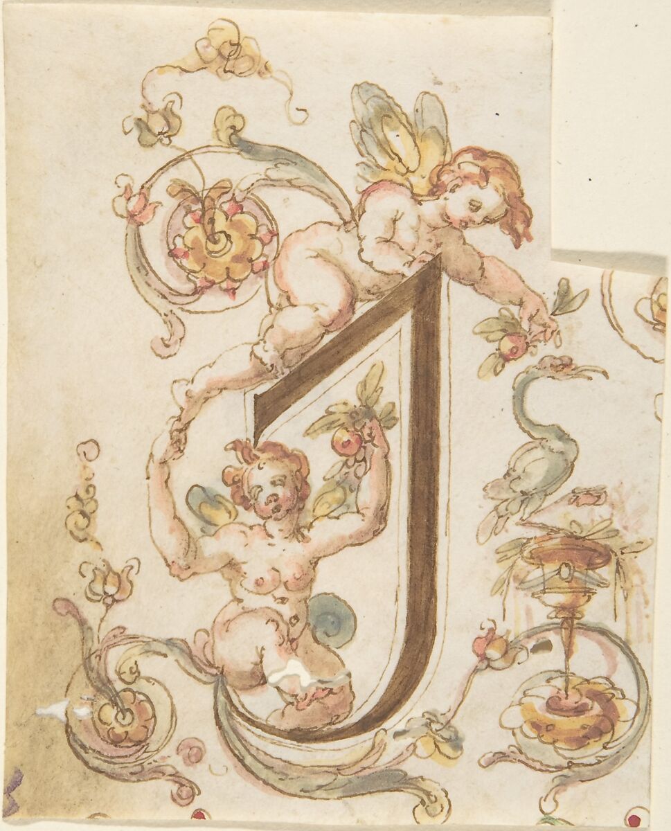 Decorative Letter "I" with Putti (Embroidery Design?), Anonymous, Italian, 16th century, Pen and brown ink, watercolor, on vellum 