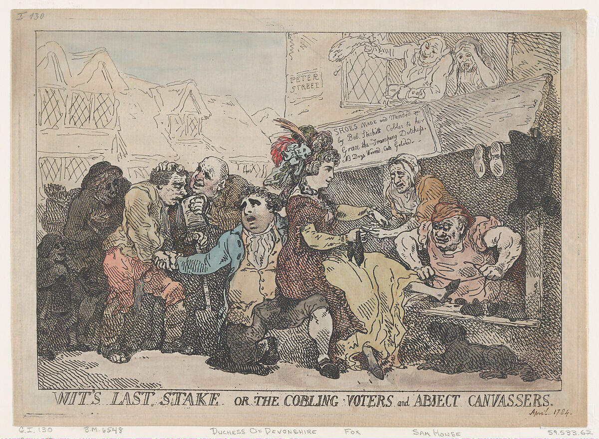 Wit's Last Stake, or the Cobbling Voters and Abject Canvassers, Thomas Rowlandson (British, London 1757–1827 London), Hand-colored etching 