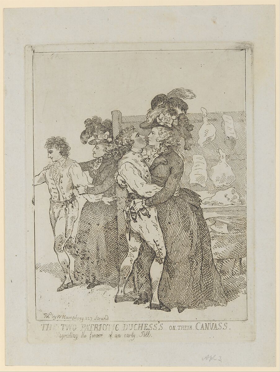 The Two Patriotic Duchesses on Their Canvass, Thomas Rowlandson (British, London 1757–1827 London), Etching 