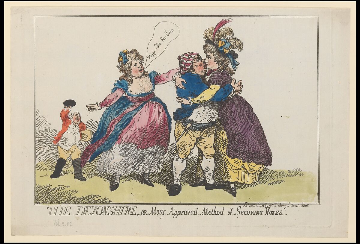 The Devonshire, or Most Approved Method of Securing Votes, Thomas Rowlandson (British, London 1757–1827 London), Hand-colored etching 