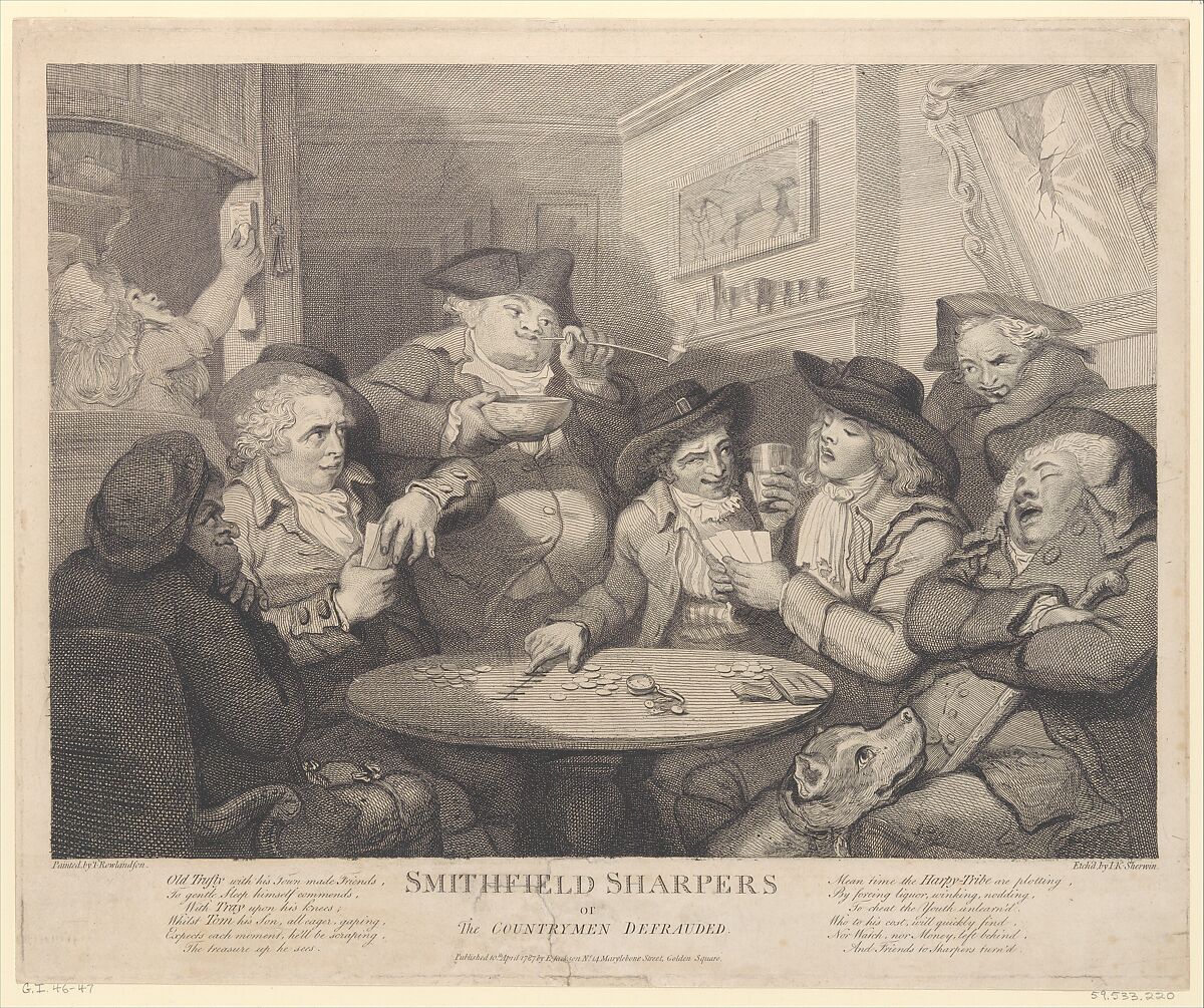Smithfield Sharpers, or the Countryman Defrauded, John Keyse Sherwin (British, East Dean, Sussex 1751–1790 London), Etching 