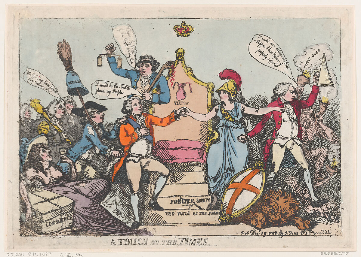 A Touch on the Times, Thomas Rowlandson (British, London 1757–1827 London), Hand-colored etching (impression blurred in printing) 