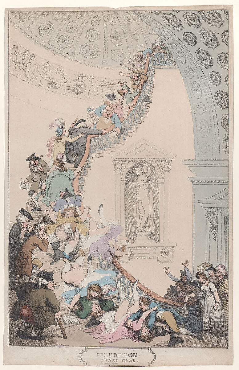 The Exhibition "Stare-Case", Thomas Rowlandson (British, London 1757–1827 London), Etching, hand colored