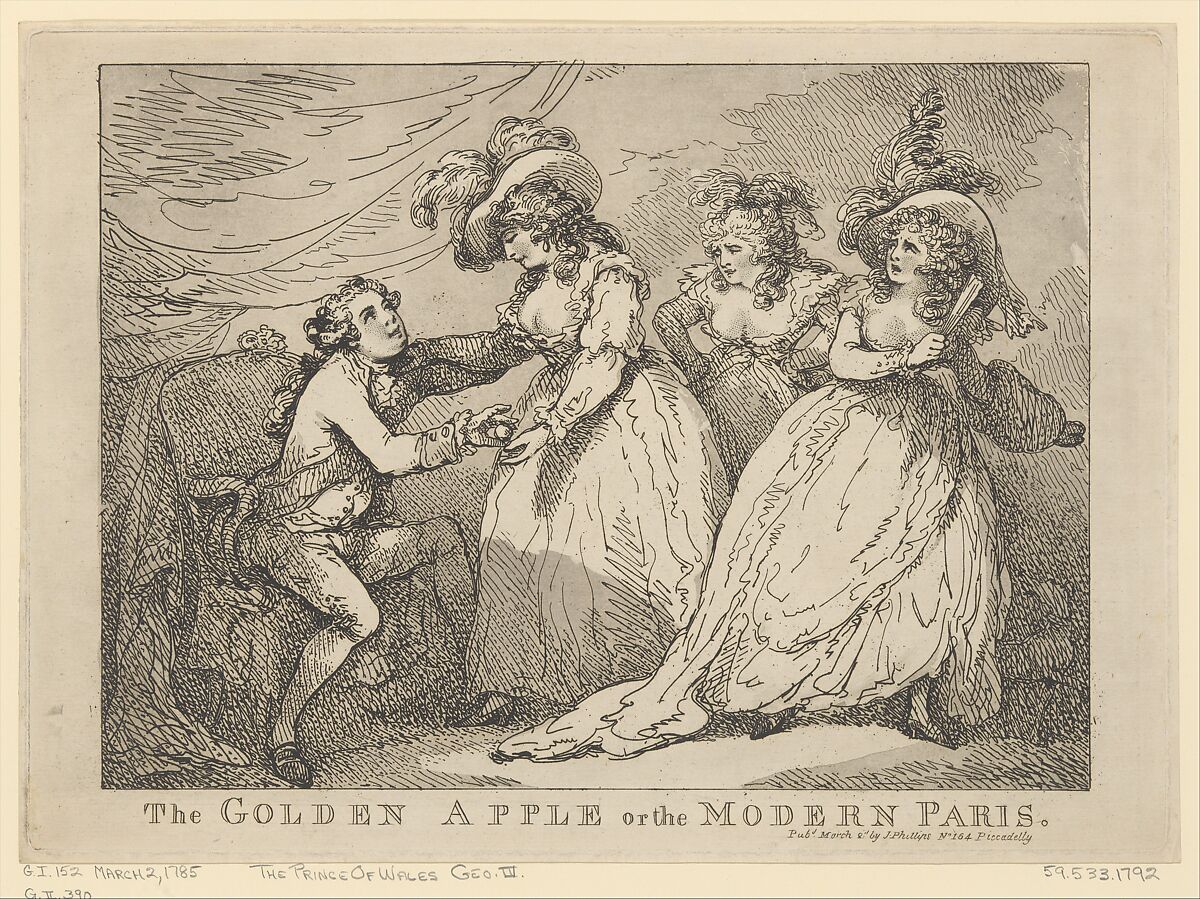 The Golden Apple, or the Modern Paris, Thomas Rowlandson (British, London 1757–1827 London), Etching 