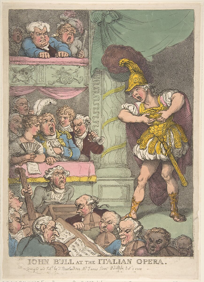 John Bull at the Italian Opera, Thomas Rowlandson (British, London 1757–1827 London)  , 1 St. James Street, Adelphia, London, Etching, hand colored 