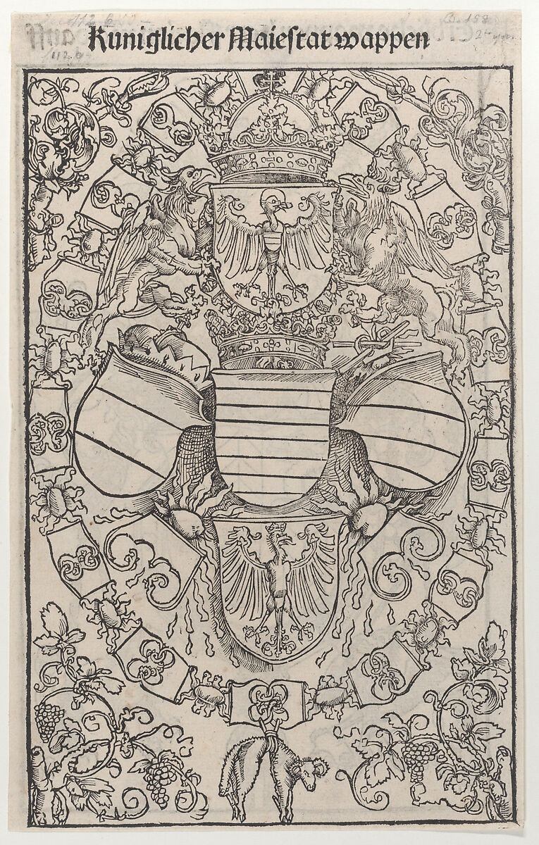 Recto: Coat of Arms of Maximilian I as King of the Romans; verso: Coat of Arms of Florian Waldauf von Waldenstein, from The Revelations of Saint Bridget, Dürer-School (German, first half 16th century), Woodcut; a double-sided sheet, the recto in the first state of two, from the German edition of 1502