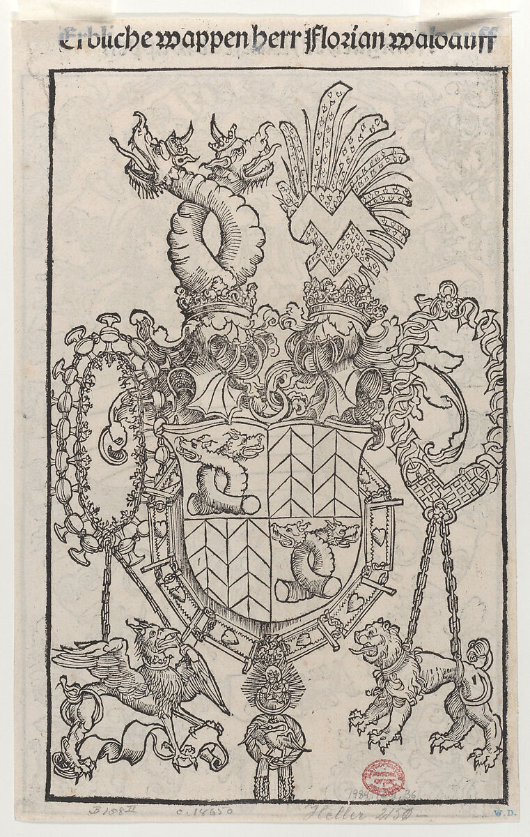 Recto: Coat of Arms of Maximilian I as King of the Romans; verso: Coat of Arms of Florian Waldauf von Waldenstein, from The Revelations of Saint Bridget, Dürer-School (German, first half 16th century), Woodcut; a double-sided sheet, the recto in the first state of two, from the German edition of 1502