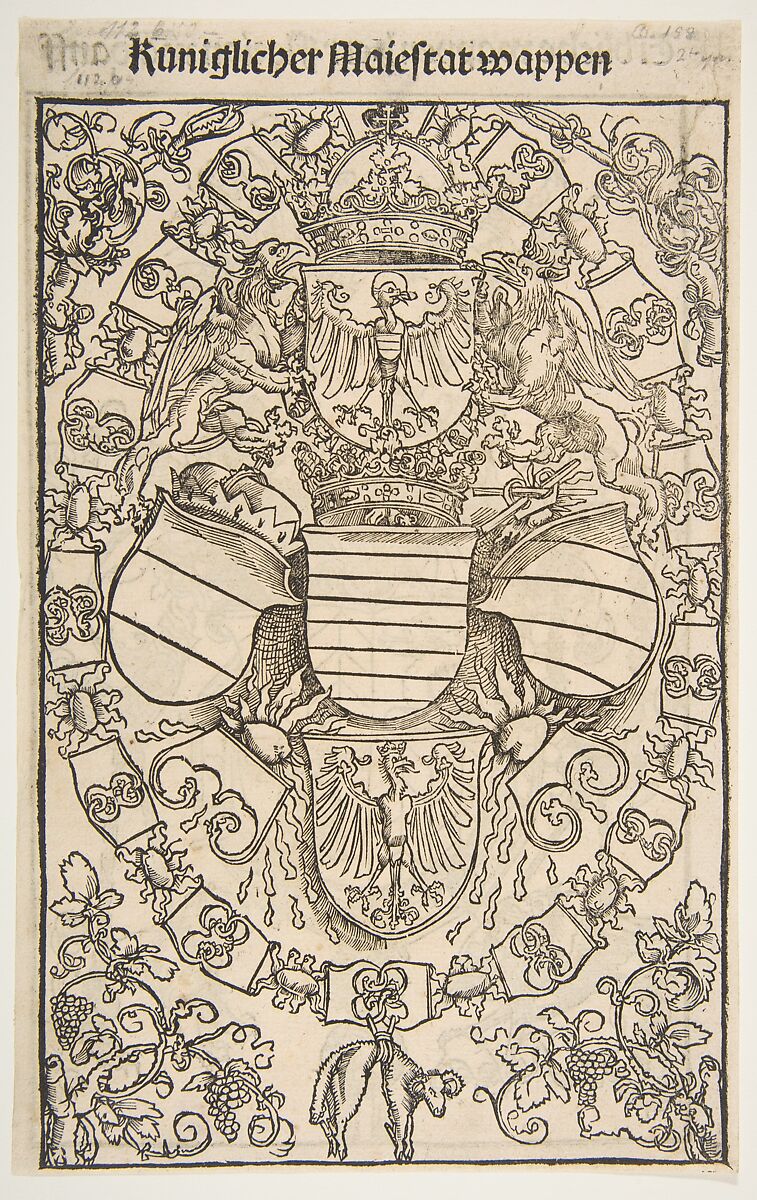 Recto: Coat of Arms of Maximilian I as King of the Romans; verso: Coat of Arms of Florian Waldauf von Waldenstein, from The Revelations of Saint Bridget, Dürer-School (German, first half 16th century), Woodcut; a double-sided sheet, the recto in the first state of two, from the German edition of 1502 
