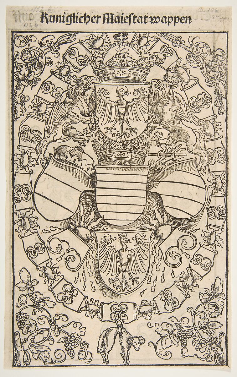 Recto: Coat of Arms of Maximilian I as King of the Romans; verso: Coat of Arms of Florian Waldauf von Waldenstein, from The Revelations of Saint Bridget, Dürer-School  German, Woodcut; a double-sided sheet, the recto in the first state of two, from the German edition of 1502