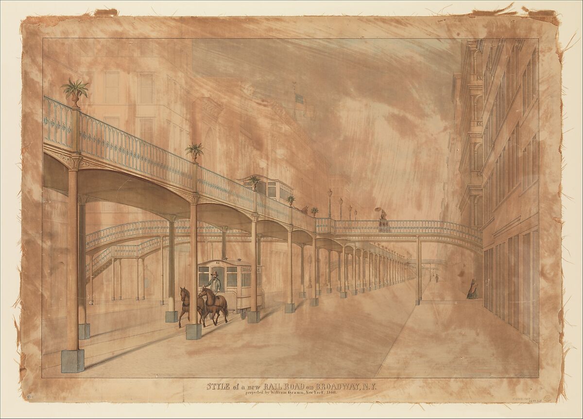 Elevated Railroad, Broadway, New York, J. Beigel (American, 19th century), Watercolor over graphite 