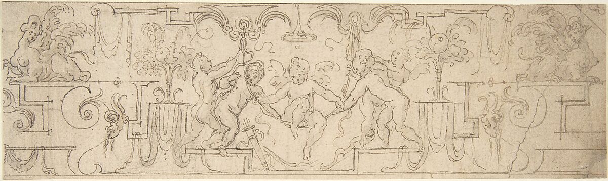 Decorative Frieze with Putti Playing on a Swing, Anonymous, Italian, 16th century, Pen and brown ink, over traces of black chalk 