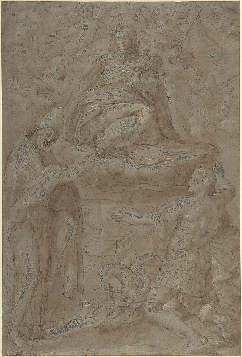 Madonna in Glory with Two Saints, Anonymous, Italian, late 16th century, Pen and brown ink, brush and brown wash; highlighted with white (mostly oxidized) 