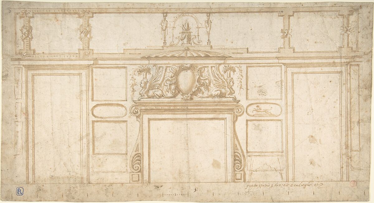 Project for Interior Wall with Fireplace, Anonymous, Italian, 16th century, Pen and brown ink, brush and brown wash, over ruled lines in black chalk or graphite 