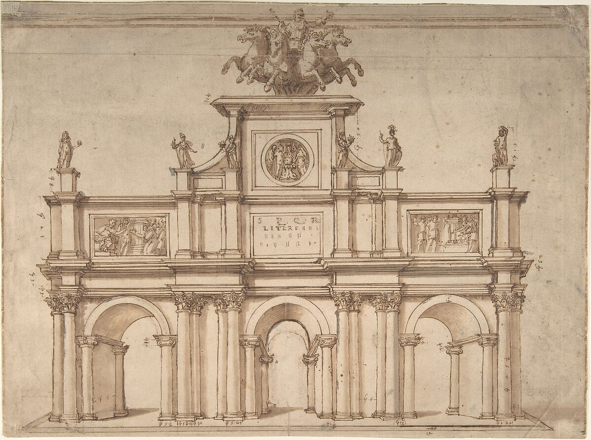 Design for a Triumphal Arch with Three Arches, Anonymous, Italian, 16th century, Pen and brown, brush and brown wash; over ruled stylus lines 