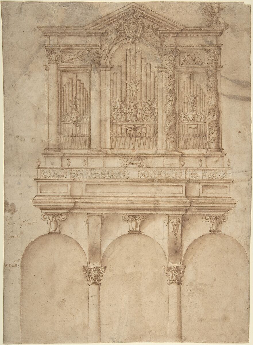 A Pipe Organ with Papal Arms, Anonymous, Italian, 16th century, Pen and brown ink, brush and brown wash 