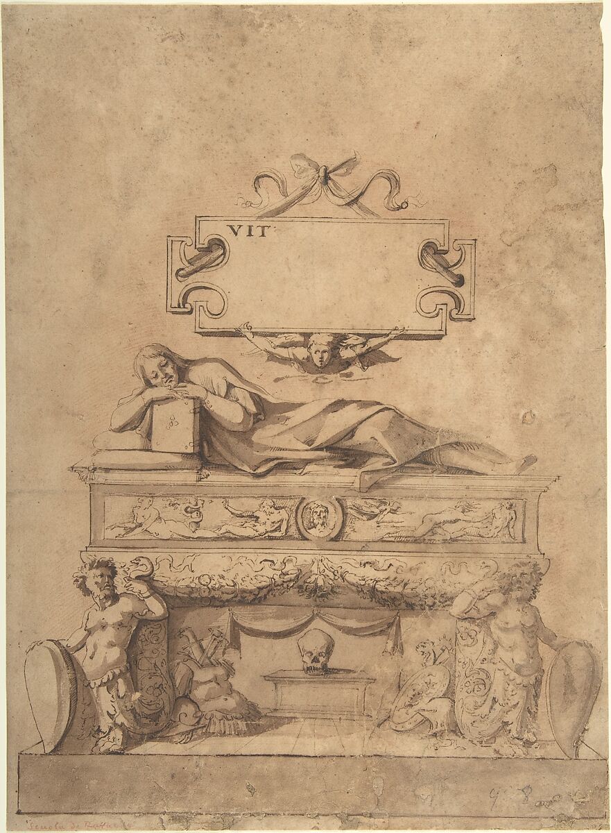 Tomb Design with Reclining Figure on Sarcophagus, Anonymous, Italian, 16th century, Pen and brown ink, brush and brown wash 