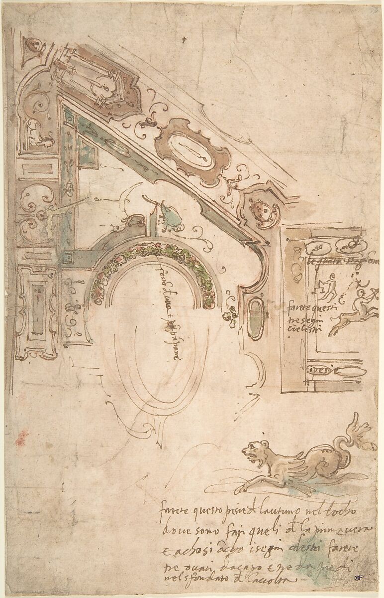 Quarter Plan for a Coved Ceiling, Antenore Ridolfi (Italian, Sant&#39;Angelo in Vado ca. 1538– ca. 1575), Pen and brown ink, with two shades of brown wash, gay wash, and turquoise and green watercolor, over traces of red chalk 