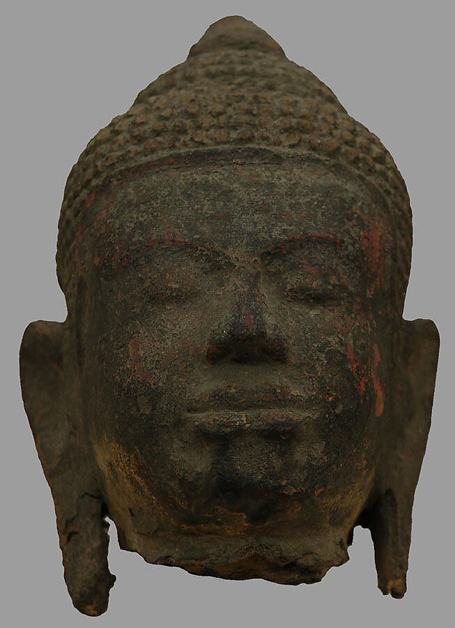 Head of Buddha, Wood with lacquer and traces of gilt, Cambodia 