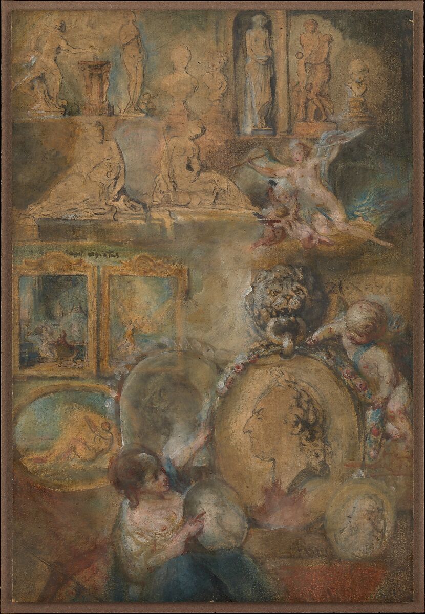 Allegory of Louis XV as Patron of the Arts with Paintings and Sculpture from the Salon of 1769, Gabriel de Saint-Aubin (French, Paris 1724–1780 Paris), Oil paint over black chalk underdrawing, areas of paper reserve, on off-white laid paper, mounted on pasteboard, varnished 