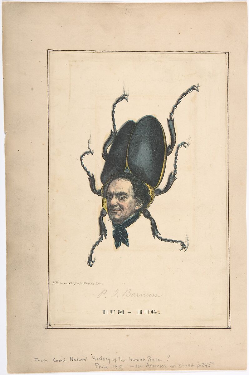 Hum-Bug (P. T. Barnum), from "The Comic Natural History of the Human Race", Henry Louis Stephens (American, Philadelphia, Pennsylvania 1824–1882 Bayonne, New Jersey), Color lithograph with watercolor and gum 