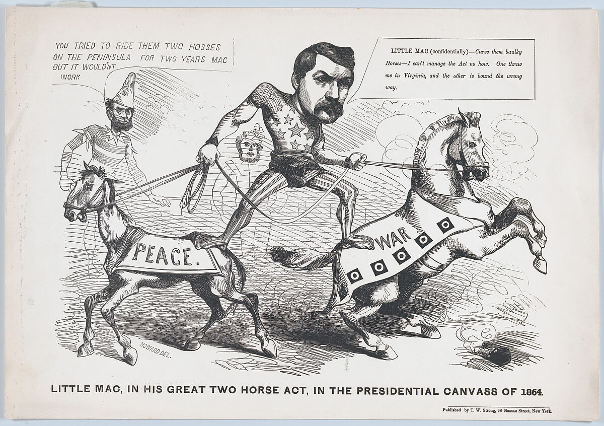 Little Mac, in His Great Two Horse Act, in the Presendential Canvass of 1864, Justin H. Howard (American, active 1856–80), Lithograph 