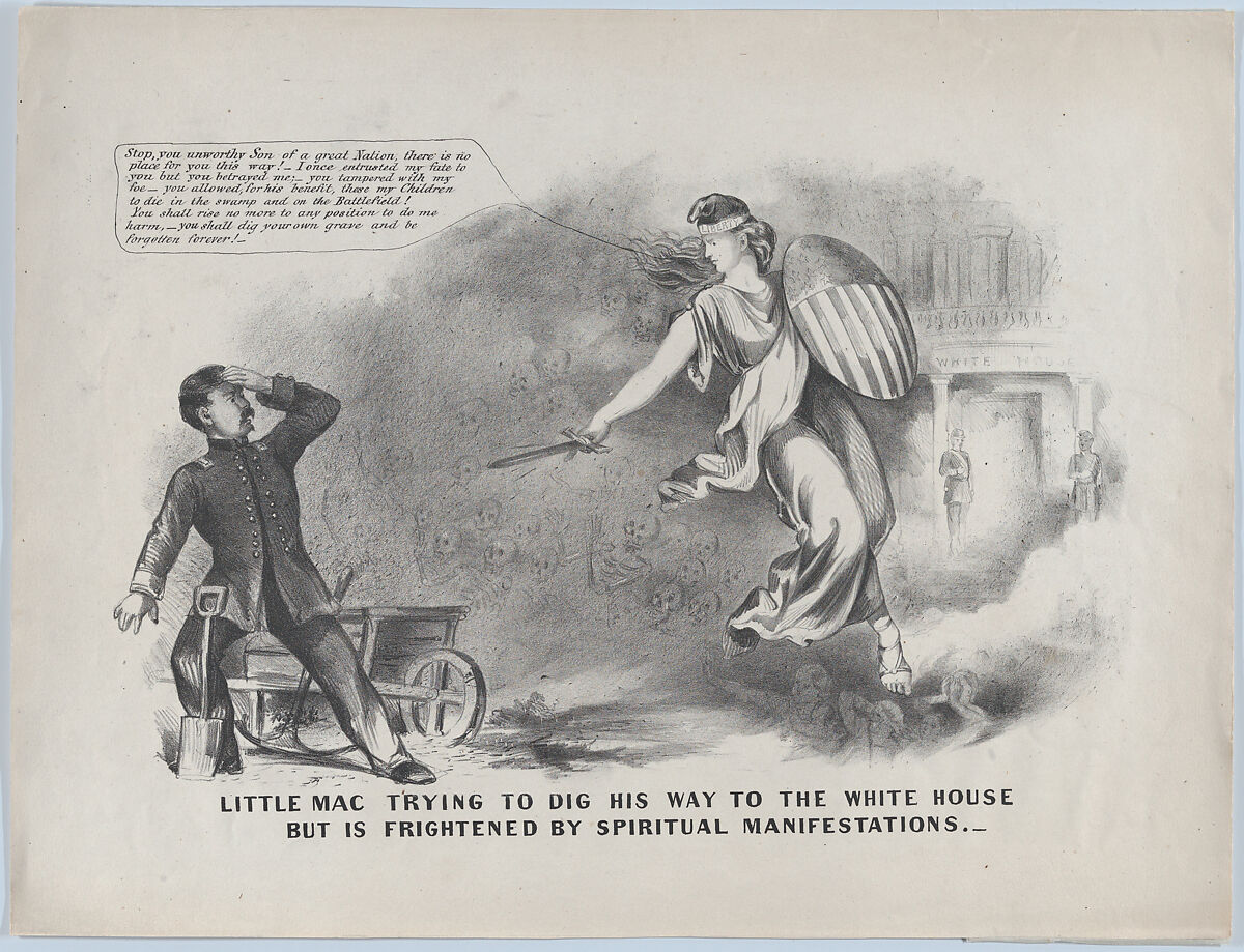 Little Mac Trying to Dig His Way to the White House, But is Frightened by Spiritual Manifestations, Anonymous, American, 19th century, Lithograph 