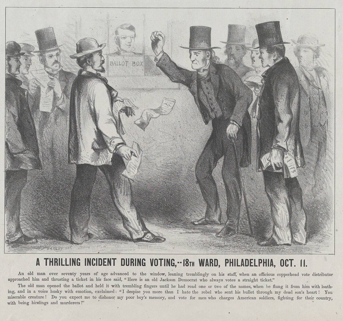 A Thrilling Incident During the Voting, 18th Ward, Philadelphia, October 11, Harley (American, active 1860s), Lithograph 