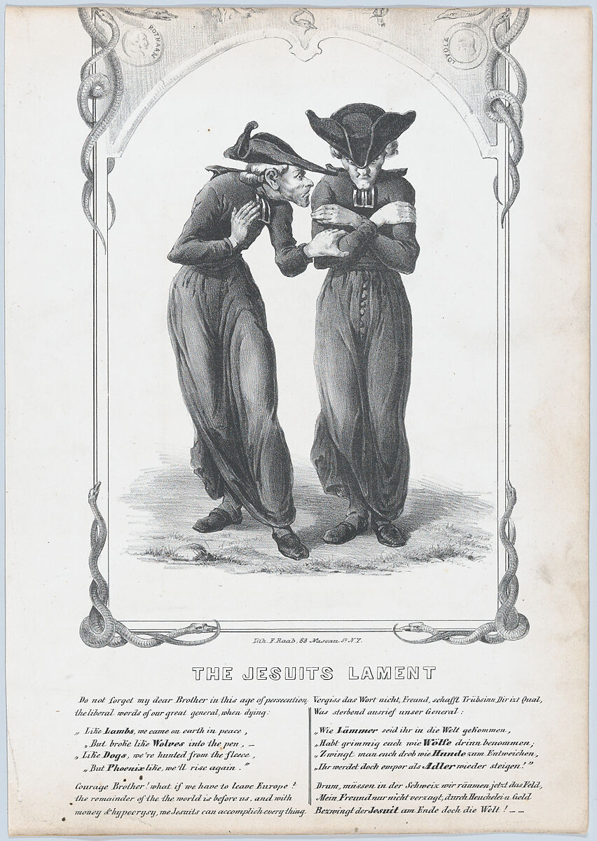 The Jesuits' Lament, Francis Raab (American (born Germany), ca. 1813, active New York, before 1854), Lithograph 