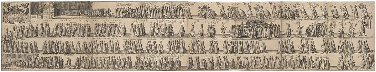 Funeral Procession of William Lodewijk count of Nassau, July 13, 1620 in Leeuwarden, Pieter Feddes van Harlingen (Dutch, 1586–1622), Etching; frieze of four sheets joined and bound in a modern vellum and paper binding 