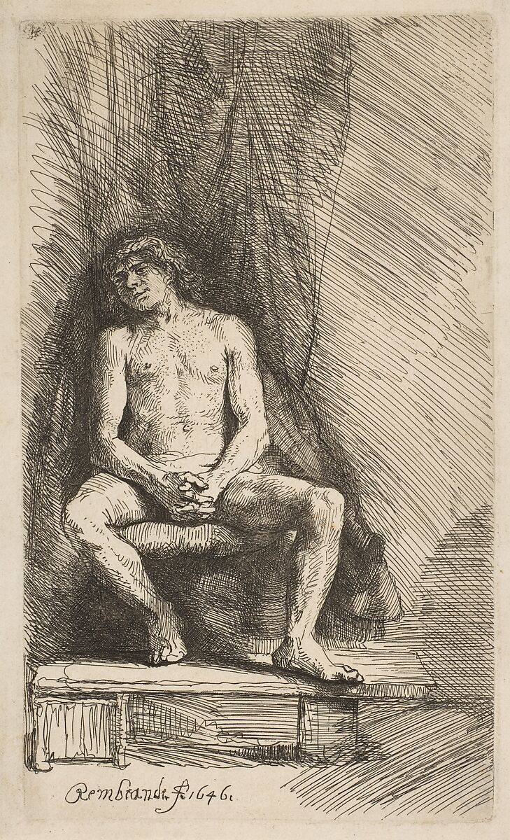 Nude Man Seated before a Curtain, Rembrandt (Rembrandt van Rijn) (Dutch, Leiden 1606–1669 Amsterdam), Etching 