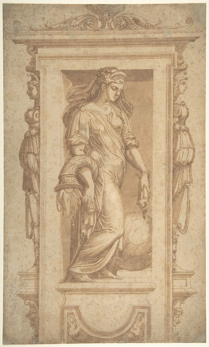Female Allegorical Figure of Benignitas (Goodness), with Attributes of Abundance Standing in a Niche (recto); Architectural Sketches (verso), Circle of Giorgio Vasari (Italian, Arezzo 1511–1574 Florence), Pen and brown ink, brush and brown wash, over an underdrawing done with traces of black chalk, ruling, and compass-work in pen and brown ink (recto); black chalk (verso) 